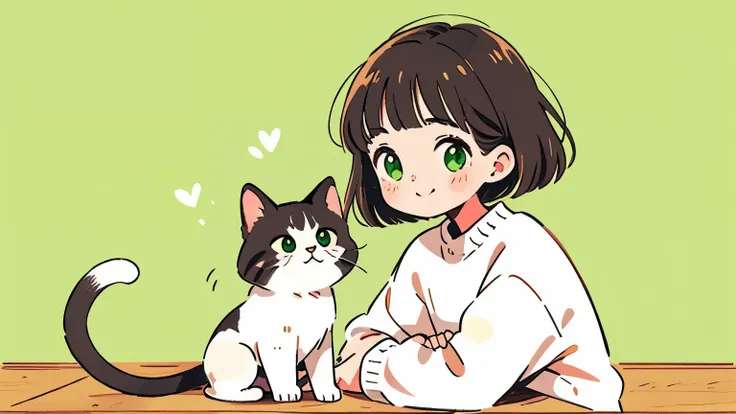 Cat Next to Woman 、white sweater、1 woman、Smile Yan、brown shorthair standing on wooden floor、green eyes、upper body、pop background、solo、masterpiece, High Quality, Hi Steady Tail、Warm Atmosphere、Photorealistic、Delicate Gloss、Soft Tones、Happy Smile、Refined Atm...