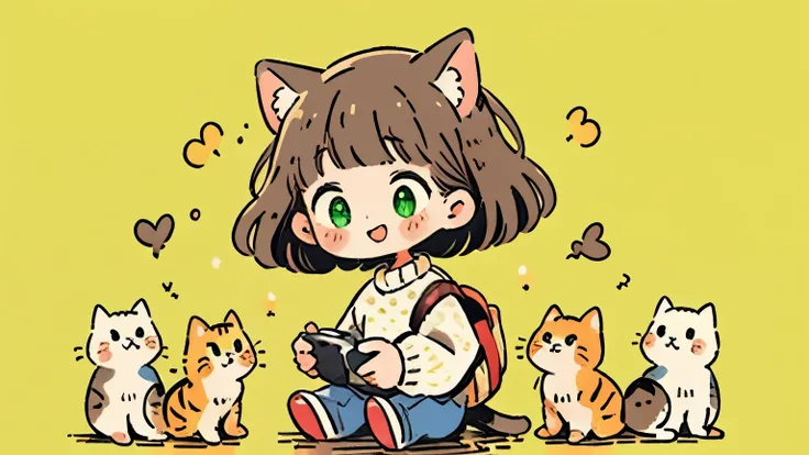 Playing with cats、white sweater、1 woman、Smile Yan、brown shorthair standing on wooden floor、green eyes、upper body、pop background with polka dots、solo、masterpiece. high quality, Hi Steady Tail、Warm Atmosphere、