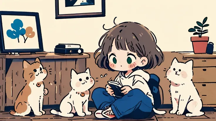 1 woman wearing a white hoodie、Playing with cats、brown shorthair standing on wooden floor、GREEN EYES、upper body、solo、masterpiece. high quality, Hi Steady Tail、Warm Atmosphere