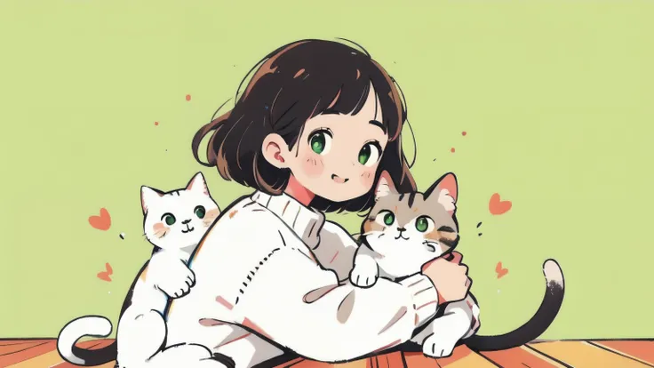 Hugging the cat、white sweater、1 woman、Smile Yan、brown shorthair standing on wooden floor、green eyes、upper body、pop background、solo、masterpiece, High Quality, Hi Steady Tail、Warm Atmosphere、Photorealistic、Delicate Gloss、Soft Tones、Happy Smile、Refined Atmosp...