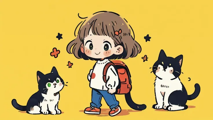 Playing with cats、white sweater、1 woman、Smile Yan、brown shorthair standing on wooden floor、green eyes、polka dot pop background holding a backpack、solo、masterpiece. high quality, Hi Steady Tail、Warm Atmosphere、