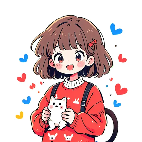 1 girl、She has medium brown hair and is wearing a sweater、Smile Yan、upper body、pop background with polka dots、solo、masterpiece. high quality, Hi Steady Tail、Warm Atmosphere、