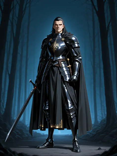 thirty-year-old man with slicked-back black hair and sharp eyes, full body in frame, standing and holding an ornate jet-black Western two-handed bastard sword in middle guard, black knight wearing beautiful jet-black full plate armor, black cloak with gold...