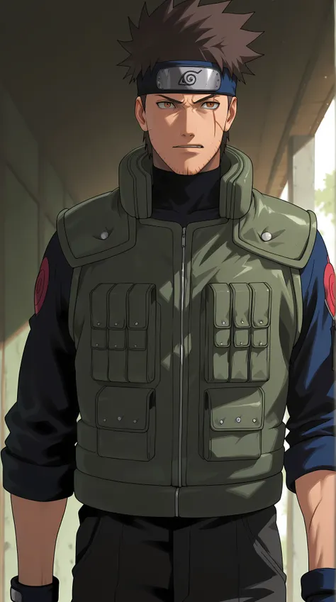 Male jōnin from Naruto-style. Around 30 years old, tall and lean, messy dark brown hair, amber eyes, light stubble. Calm and mysterious expression. Dark tactical vest, black undershirt, charcoal pants, fingerless gloves, Konoha headband tilted. Eye scar. D...