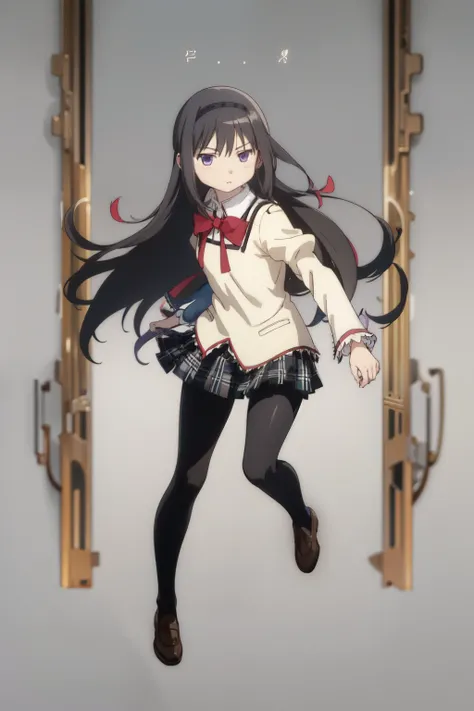 homuraakemi, 1girl, solo, front view , looking at viewer, long hair, straight hair, school uniform, red school bow, brown shoes, black tights, kicking, (short face), small face, flat-shaped face, square face, purple eyes, expressionless, slender body, f...