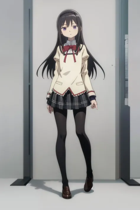 homuraakemi, 1girl, solo, front view , looking at viewer, long hair, straight hair, school uniform, red school bow, brown shoes, black tights, one leg lift, (short face), small face, flat-shaped face, square face, purple eyes, expressionless, slender bo...