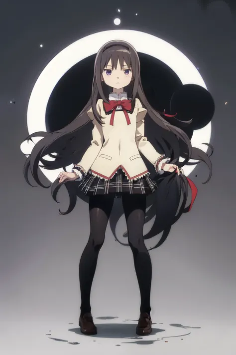 homuraakemi, 1girl, solo, front view , looking at viewer, long hair, straight hair, school uniform, red school bow, brown shoes, black tights, flat-shaped face, (square face:1.3), purple eyes, timid, expressionless, slender body, flat chest, whole body...