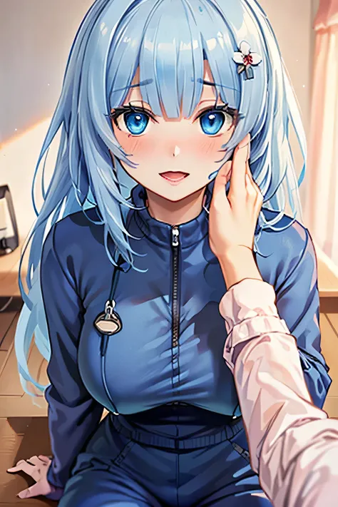 (((hand on another's cheek:1.5))),(((pov hand:1.5))),hiteCUL,(((sky blue hair))),blue eyes,masterpiece, best quality, high resolution, 32k  ,1 girl ,solo,(((MILF))),(mature female),long hair,(full open eyes),small pupils,(((estrus eyes))),open mouth,(glamo...