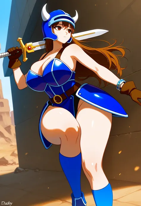 score_9, score_8_above, score_7_above, source_anime, Alone, 1girl, dqdaisy, expressionless, looking at the spectator, gun over the shoulder, fastening gun, brandishing a sword, brown hair, horned helmet, false horns, brown eyes, blue armor, belt, bracelet,...