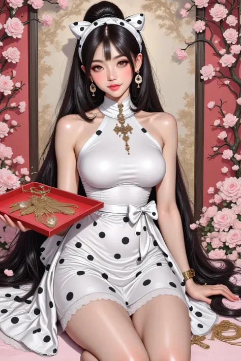 Full-body portrait of a beautiful, realistic-looking Asian-Korean woman in a semi-realistic cartoon style. She has large round eyes and long, thick eyelashes, fair skin and rosy cheeks, wearing a white halter dress with black polka dots, high ponytail, and...