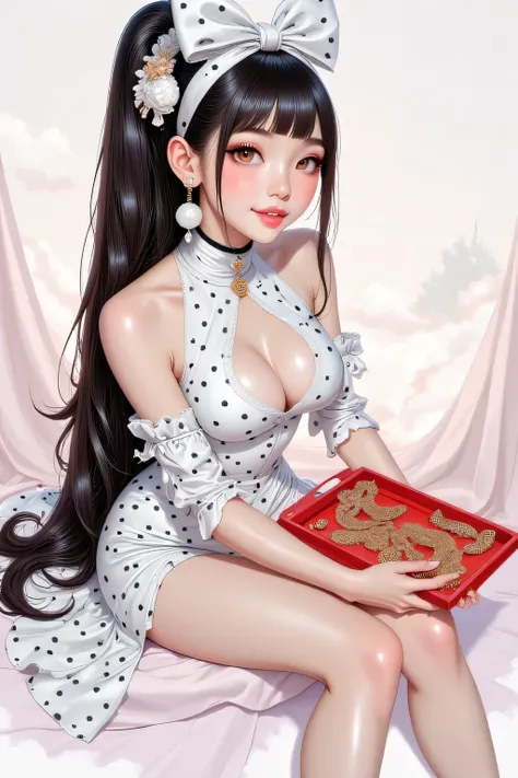Full-body portrait of a beautiful, realistic-looking Asian-Korean woman in a semi-realistic cartoon style. She has large round eyes and long, thick eyelashes, fair skin and rosy cheeks, wearing a white halter dress with black polka dots, high ponytail, and...