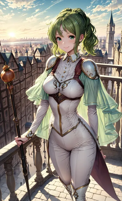 　masterpiece, top quality, 1girl, solo, Medium Breasts, open mouse, viewers, happy, smile, green hair, green eyes, Twin Tails, circle, lala cello, detachable collar, shoulder pads, dress, capelet, long pants,knee-high boots, gold trim, holding a stick,city...