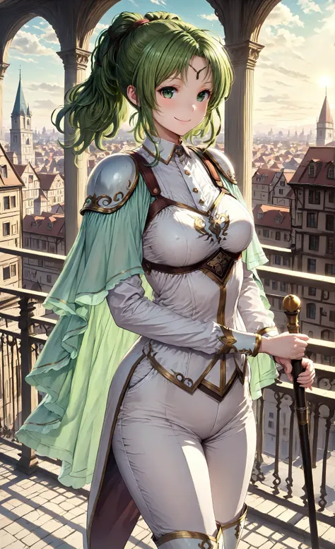 　masterpiece, top quality, 1girl, solo, Medium Breasts, open mouse, viewers, happy, smile, green hair, green eyes, Twin Tails, circle, lala cello, detachable collar, shoulder pads, dress, capelet, long pants,knee-high boots, gold trim, holding a stick,city...