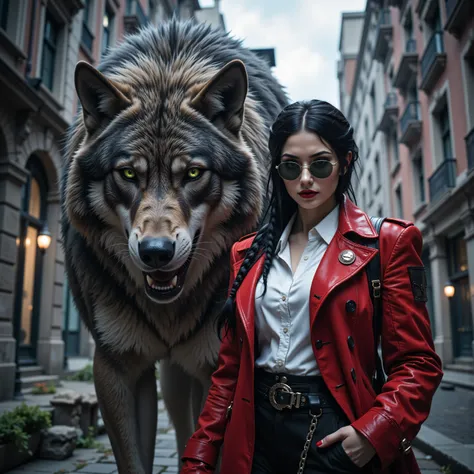dungeon and dragon ,fantasy,masterpiece, best quality, very aesthetic, absurdres, a picture of a fantasy 1single bodyguard woman standing near a (big grey wolf: 1.1) in a modern city, grit atmosphere, an extraordinary beautiful female beauty, wild green ...