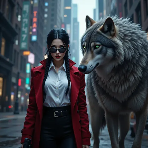 aidmamjv7,realistic cartoon,OMNH,, a picture of a fantasy 1single bodyguard woman standing near a big grey wolf in a modern city, grit atmosphere, an extraordinary beautiful female beauty, wild green eyes, glowing eyes, best detailed face, black hair, b...