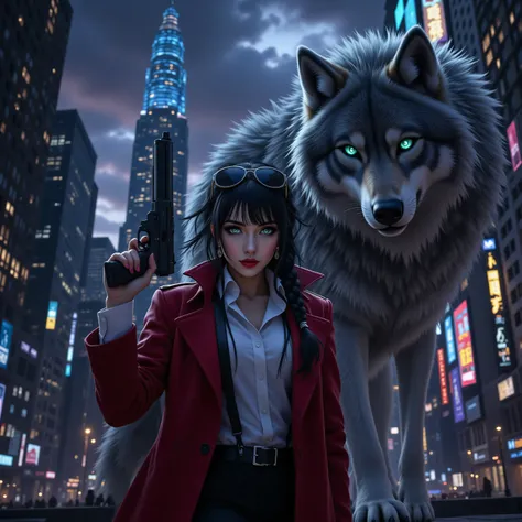 aidmamjv7,realistic cartoon,OMNH,, a picture of a fantasy 1single bodyguard woman standing near a big grey wolf in a modern city, grit atmosphere, an extraordinary beautiful female beauty, wild green eyes, glowing eyes, best detailed face, black hair, b...