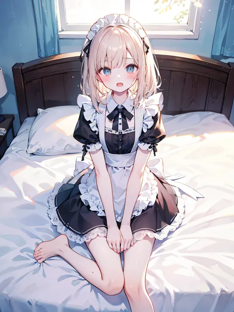 masterpiece, top quality, , 8k, Official Art, Movie Lighting, 1 girl, Maid Outfit, Barefoot, Sweaty feet、sitting, on the bed, bedroom,blushing、Both hands on crotch、open mouth、uncensored、18ban、、angle from above standing on a bridge、facing up、above、square、s...