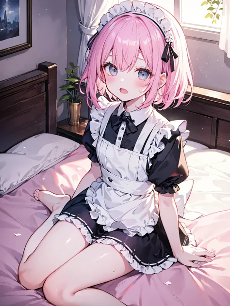 masterpiece, top quality, , 8k, Official Art, Movie Lighting, 1 girl, Maid Outfit, Barefoot, Sweaty feet、sitting, on the bed, bedroom,blushing、Both hands on crotch、open mouth、uncensored、18ban、、angle from above standing on a bridge、facing up、above、square、s...