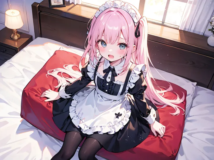 masterpiece, top quality, , 8k, Official Art, Movie Lighting, 1 girl, Maid Outfit, black tights, Sweaty feet、sitting, on the bed, bedroom,blushing、Both hands on crotch、open mouth、uncensored、18ban、、angle from above、facing up、above、square、slouched eyes、 sun...