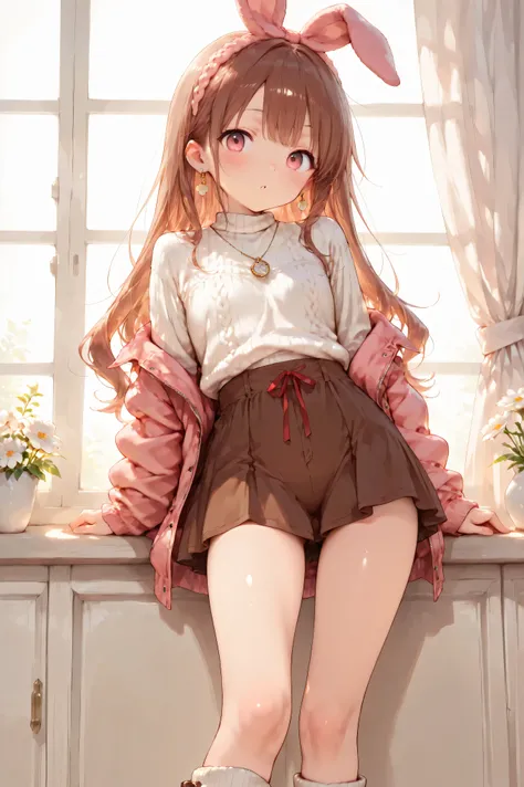 Shiny skin, Babe, character, meroko.
masterpiece, best quality, a cute anime girl.
# body
very flat chest, skinny figure, slim waist, beautiful legs, long legs.
# hair
chestnut brown wavy long hair reaching shoulder blades, hair down, natural loose waves...