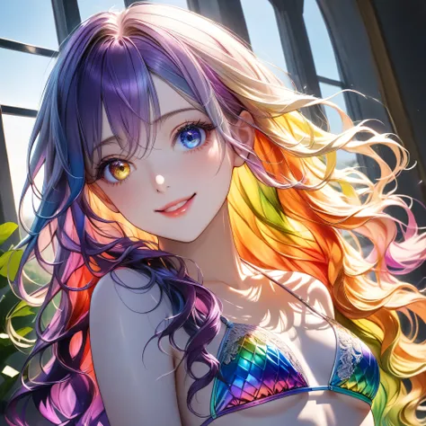 ((Top quality, ultra detailed, masterpiece, wallpaper, ultra realistic, highest photo resolution, 8K)), ((Glowing in the morning sun)), ((Long wavy hair in rainbow colors of red, blue, green, yellow, orange, indigo, and purple)), ((Heterochromia, silver an...