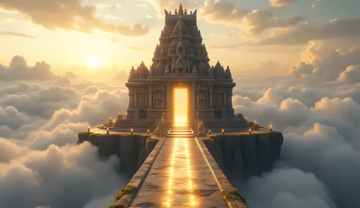 An ultra-realistic, cinematic front-facing photoshoot of a majestic Hindu temple floating in a celestial spiritual realm above the clouds, captured in a perfectly centered, symmetrical front view. The temple is designed in traditional South Indian architec...