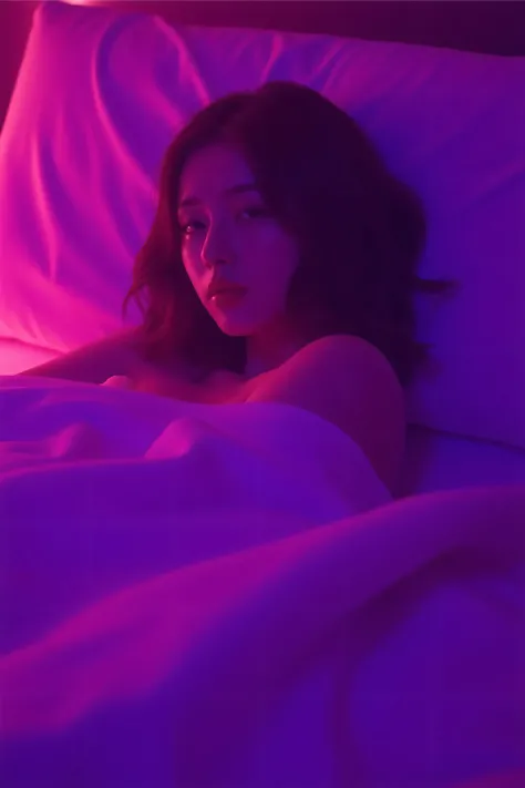 ( best masterpiece、 top quality、 winning works )、(1 high school girl:1.1)、(lying in bed:1.5)、(Naked in bed:1.5)、(I'm hiding my nudity with a blanket:1.5)、(Full Body Photo:1.1)、perfect portrait photo、 Bright, beautiful skin from above 、standing gracefull...