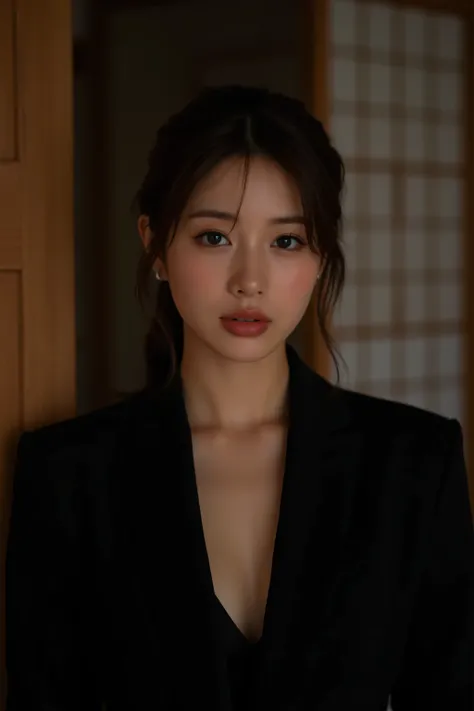 (top quality、Greatest Masterpieces、8k、best image quality、winning works)、(beautiful 40 year old mature woman:1.4)、 perfect and beautiful composition 、(Black Long Sleeve Jacket:1.2)、(black U-neck inner shirt:1.4)、(cleavage:1.2)、Wrinkled old face、big bo...