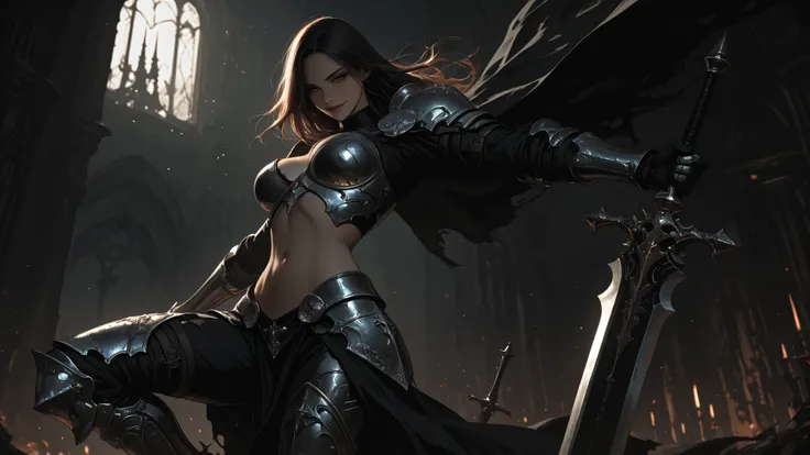 Woman, full armor, holding large sword, strategic sword position, dynamic pose, seductive smile, dark fantasy, dimly lit, dramatic lighting, alloy armor, metallic, hip, waist, stomach,