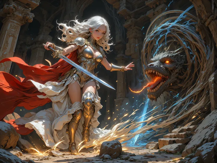 Masterpiece, ultra-detailed cinematic photoreal 8k, breathtakingly beautiful Dragon Quest female warrior in the midst of fierce battle against a vicious Mimic in ancient dungeon, live-action style.
She has flawless porcelain skin glistening with light swe...