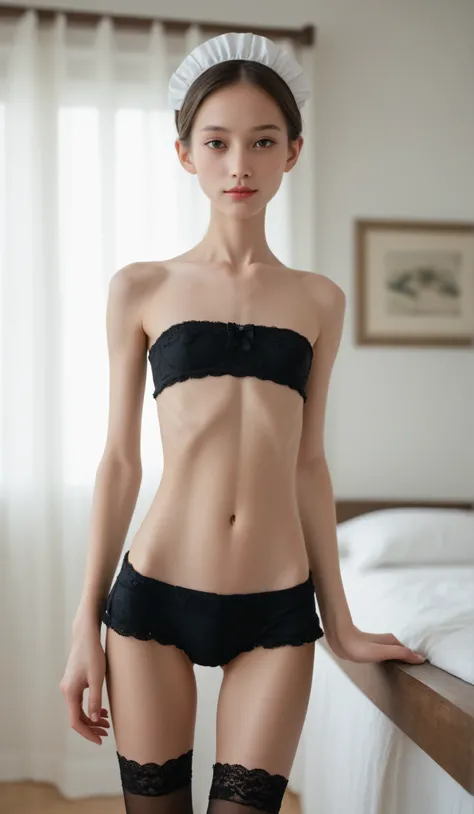 1 girl、maids,At work,lean forward,Black Lace Stockings,look at viewers,(Smile Yan:0.5), (younger:1.2),(skinny:1.3),Japanese,Breasts vary in size