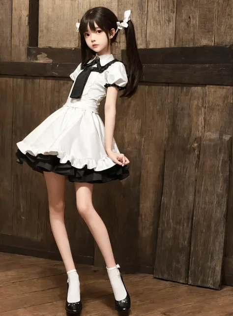 maids,cute pretty girl,masterpiece,High Fine,4K,8k,16 kg,Twin Tails,brown hair,thin body,thin legs, thin arm, thin body,smaller ,12 years old