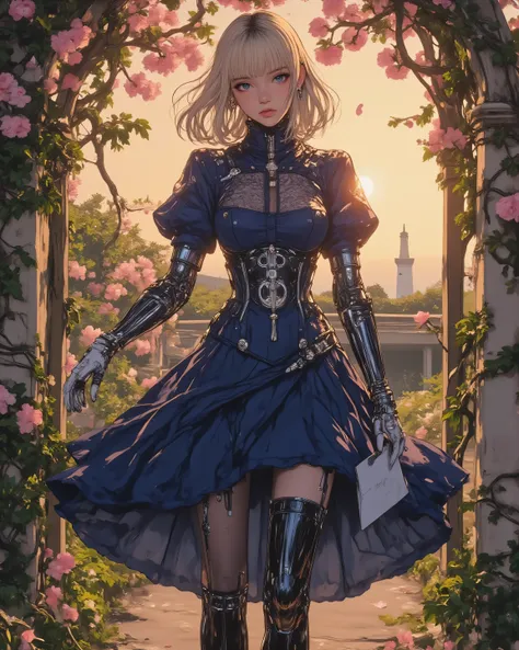 A breathtaking masterpiece illustration of Violet Evergarden from Kyoto Animation, standing elegantly in a serene Victorian garden at golden hour sunset, soft warm light filtering through blooming cherry blossoms and ivy-covered arches, casting ethereal gl...