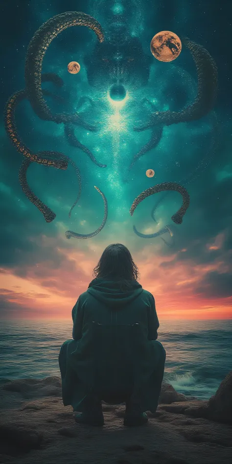 The half-human son of Yog-Sothoth performs a forbidden ritual at dusk, his elongated fingers tracing eldrich symbols on a weathered megalith. The New England coastal vista below is distorted by reality's fracturing, as writhing tentacles of impossible colo...