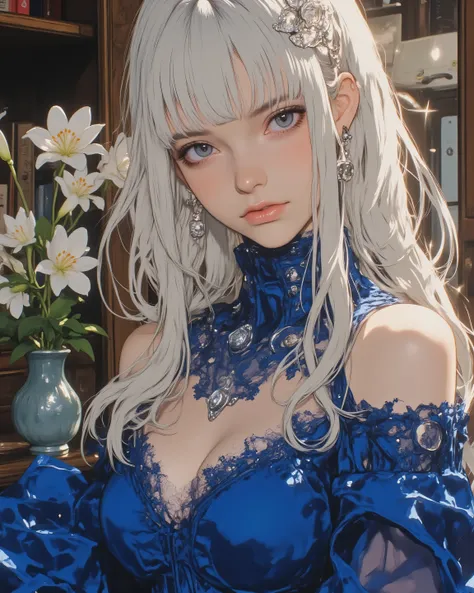 A mesmerizing close-up portrait masterpiece of Violet Evergarden from Kyoto Animation, captured in soft ethereal morning light filtering through a grand Victorian window, delicate rays illuminating her flawless porcelain skin and casting gentle highlights ...