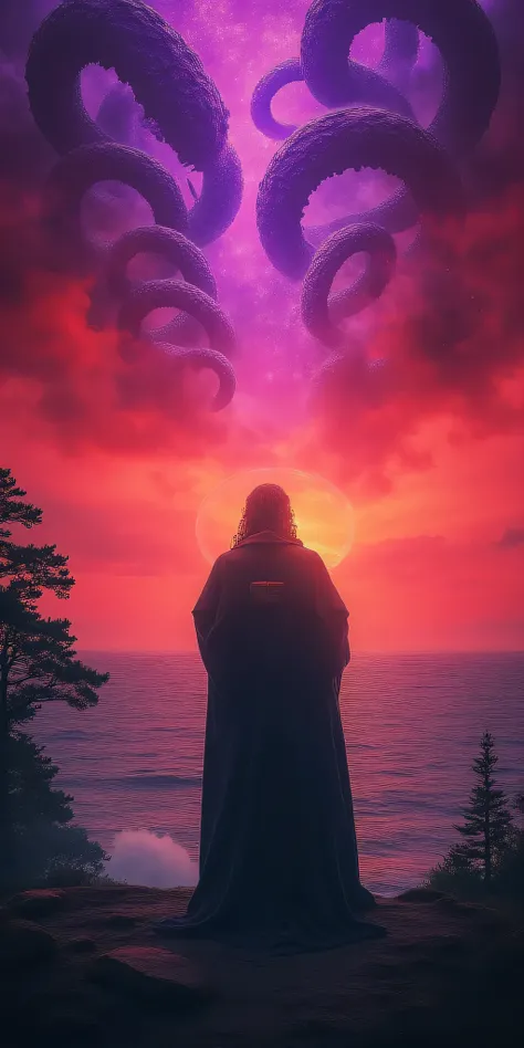 Wilbur Whateley stands atop Sentinel Hill before an ancient stone altar, his misshapen body silhouetted against a blood-red sunset over the Atlantic. His robes billow in an unnatural wind as he reads from the Necronomicon, while massive tentacles breach re...