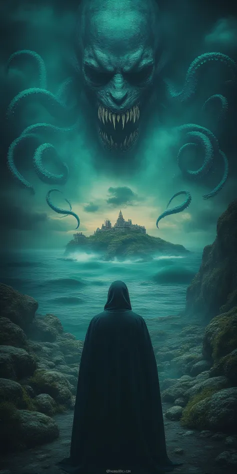 Wilbur Whateley's inhuman features partially concealed beneath a hood as he stands before an ancient altar on Sentinel Hill, the ocean below churning unnaturally. A tear in reality splits the twilight sky, revealing glimpses of an impossible dimension as m...