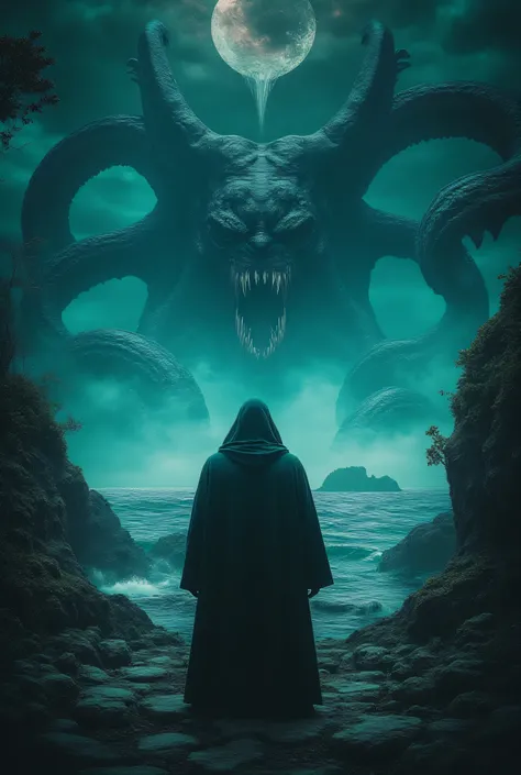 Wilbur Whateley's inhuman features partially concealed beneath a hood as he stands before an ancient altar on Sentinel Hill, the ocean below churning unnaturally. A tear in reality splits the twilight sky, revealing glimpses of an impossible dimension as m...