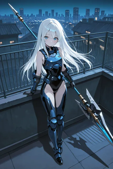 masterpiece, best quality, photography, ultra high resolution, faded color, an anime girl, cute face, armored girl, slender body, clear skin, mechanical spear, spear aimed, targeting using spear, (Hold the spear with one hand), blue eyes, absolutely white ...