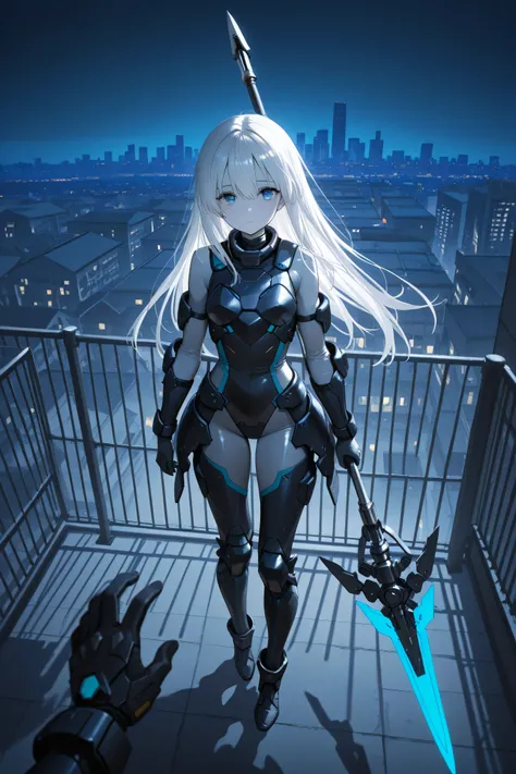 masterpiece, best quality, photography, ultra high resolution, faded color, an anime girl, cute face, armored girl, slender body, clear skin, mechanical spear, spear aimed, targeting using spear, (Hold the spear with one hand), blue eyes, absolutely white ...