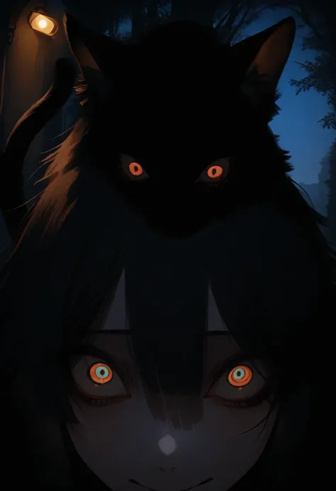 photography, ultra highres, RAW photo, irresistibly cute black cat furry emerging from deep shadows under tree, moonlight filtering through leaves creating dappled pattern across adorable face, huge reflective eyes catching and amplifying minimal light, fl...