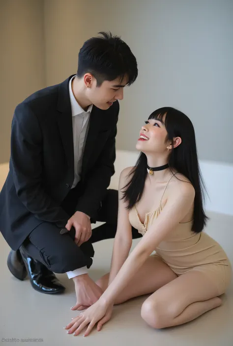 masterpiece, Super High Definition, Ultra High Precision, Ultra-realistic, very high resolution details, Picture, Realism Pushed to the Extreme,Fine texture. A beautiful naked woman with an axe face wearing a black collar with a bell, The woman has long st...