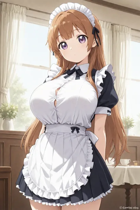 1girl, huge tit, pleated skirt, shirt tucked in, tented shirt, cute girl, maid outfit, mysterious secret garden, gentle sky, sexy pose, 