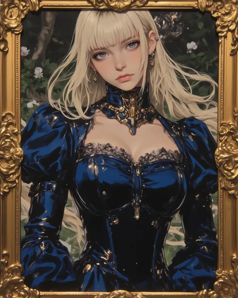 A masterpiece oil painting portrait of Violet Evergarden from the anime, rendered in the opulent style of Renaissance masters like Leonardo da Vinci and Titian, with intricate golden filigree borders and velvet-like textures. Violet is centered in a dramat...