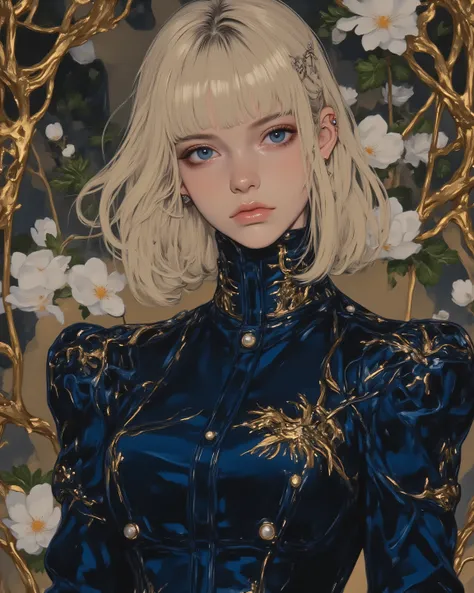 cyberpunk,A masterpiece oil painting portrait of Violet Evergarden from the anime, of Renaissance masters like Leonardo da Vinci and Tiziano Painted in a luxurious style, delicate gold border and carpet-like texture. Violet is at the center of the dramatic...