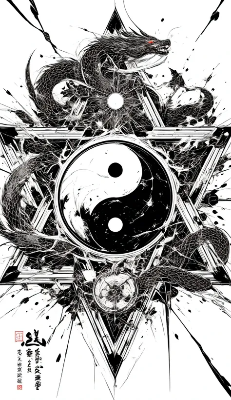 {x} stars adjoining the large yin and yang Taijiku chart、There is a dragon at the top of each star「There is a black and white half」letters、in the center of the picture that is black and white and half々color-coded