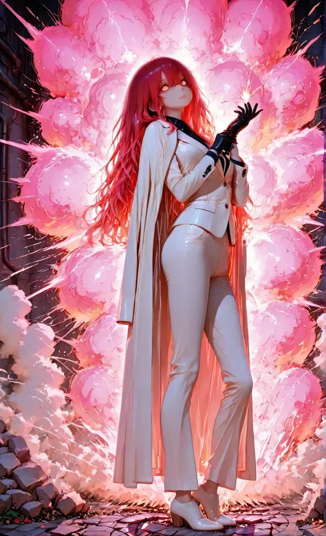 ultra-detailed, high detail, best quality, masterpiece, awoman in white suit adjusting gloves calmly, Empty eyes, explosion shockwave expanding behind her, cracked pavement, dust cloud rising, glowing sparks, full body, realistic shadows