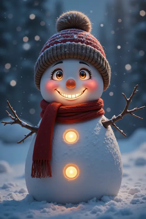 a close up of a snowman wearing a hat and scarf, Eisig, kalte verschneite, he greets you warmly, Schneeglanz,  snowy winter  christmas night, cute digital art , warm smile, winter im Schnee, glowing snow,  snowy winter , COOL, 3 0, cute detailed digital ar...