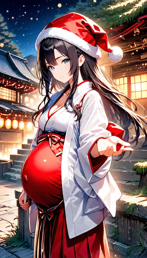 High Resolution, Best Quality, Super Detailed, Masterpiece, 4K, overgrown shrine, night, 1girl, black hair, long hair, grey eyes, medium breasts, pregnant, large round heavy belly, red Christmas hat, white kimono, high-waisted red hakama, sandals, head tur...