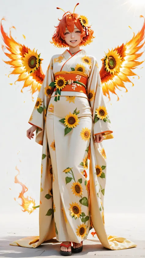 one woman standing、full body shot、 best image quality、 Greatest Masterpiece、 Super Detailed、 High Resolution、 Extremely Detailed CG、 professional photography lighting {x} low angle close-up like a movie、 sunflower flower and leaf pattern、 sandori, sun girl...